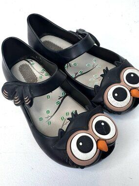 Mini Melissa Owl Shoes Toddler Kids Girls Size 8 Black Mary Jane Jelly Flats